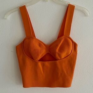 Orange Solid Cut Out Crop Knit Top | S